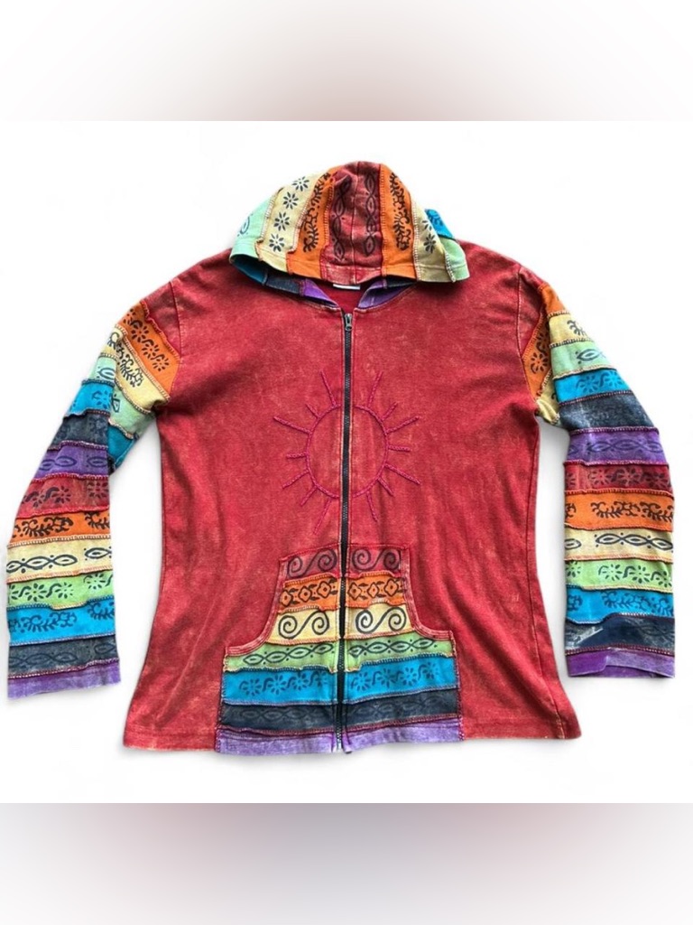 Coastal Boho Fairycore Patchwork Festival Zip Up Red And Multicolored Hoodie